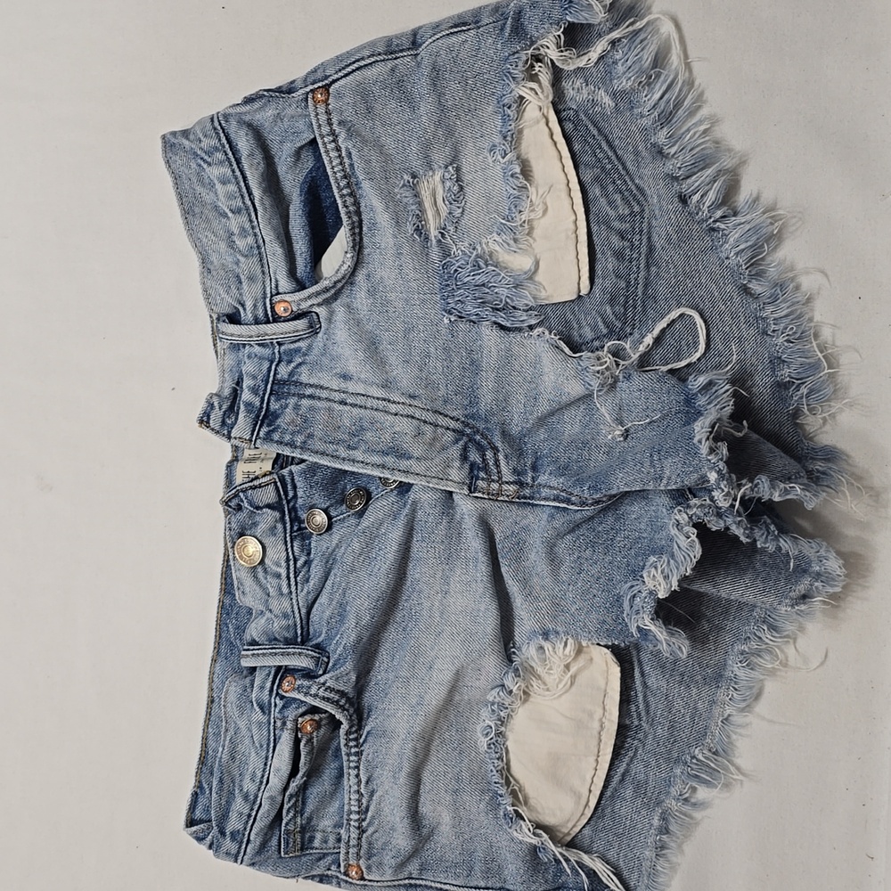 We The Free Denim Blue Distressed Frayed Cutoffs Women Shorts Size 26